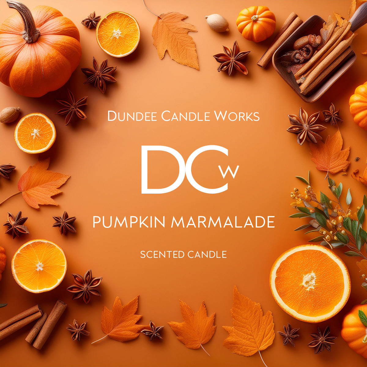Promotional image for Dundee Candle Works Pumpkin Marmalade scented candle with pumpkins, oranges, and spices on an orange background. Promotional image for Dundee Candle Works Pumpkin Marmalade scented candle with pumpkins, oranges, and spices on an orange background.