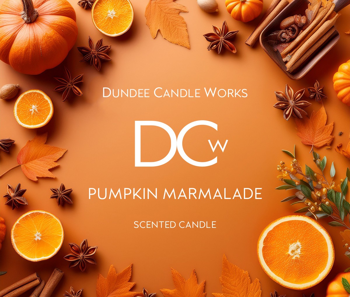 Pumpkin Marmalade candle poster, orange background with pumpkins, oranges, autumn leaves and Dundee Candle Works logo in centre.