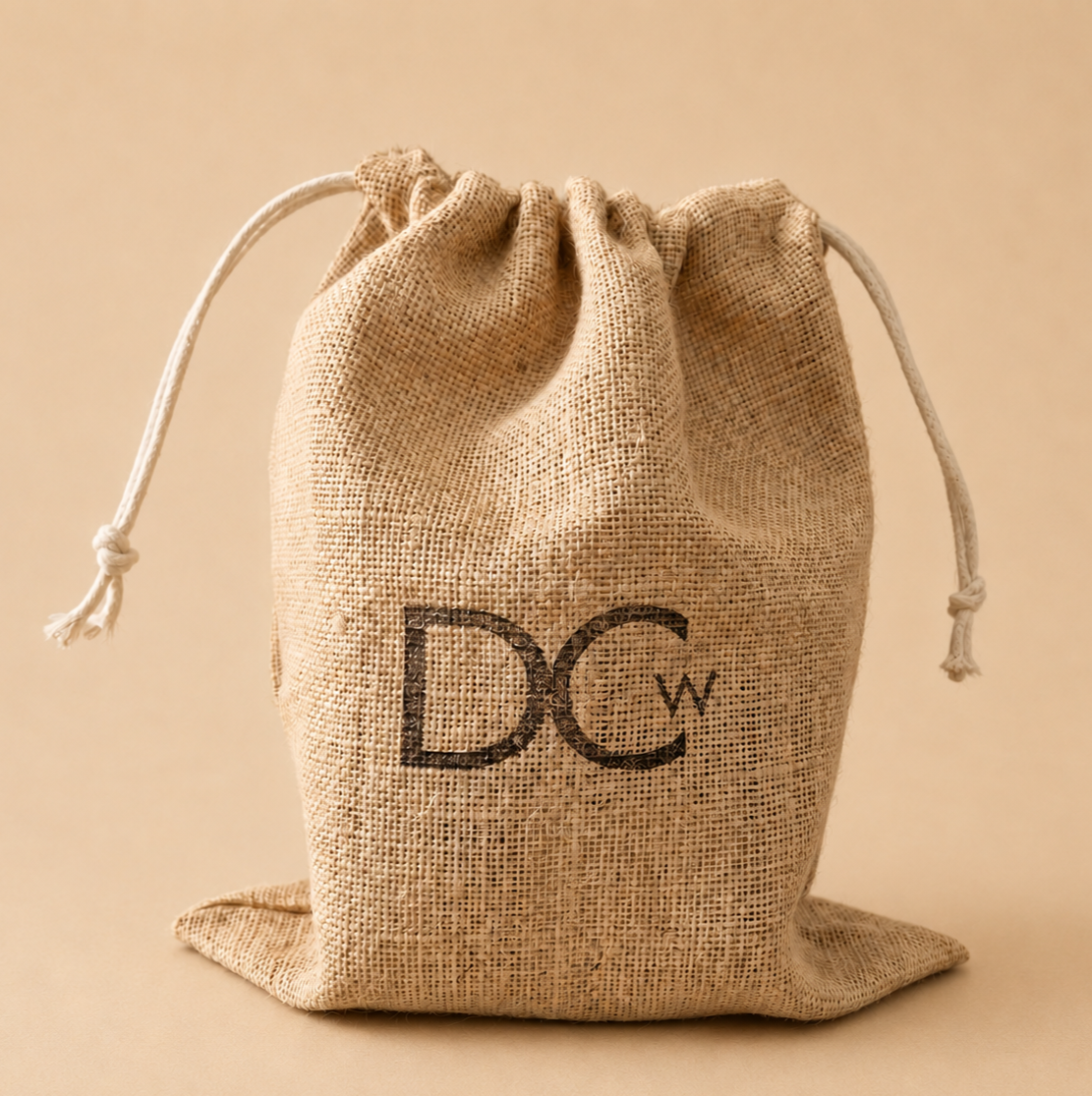 A large natural jute drawstring pouch with white cords and a black embroidered monogram logo reading 'DCW' on the front, set against a solid beige background.