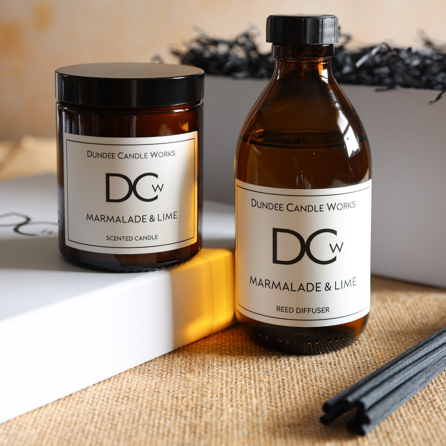 Marmalade & Lime candle and diffuser beside gift set box